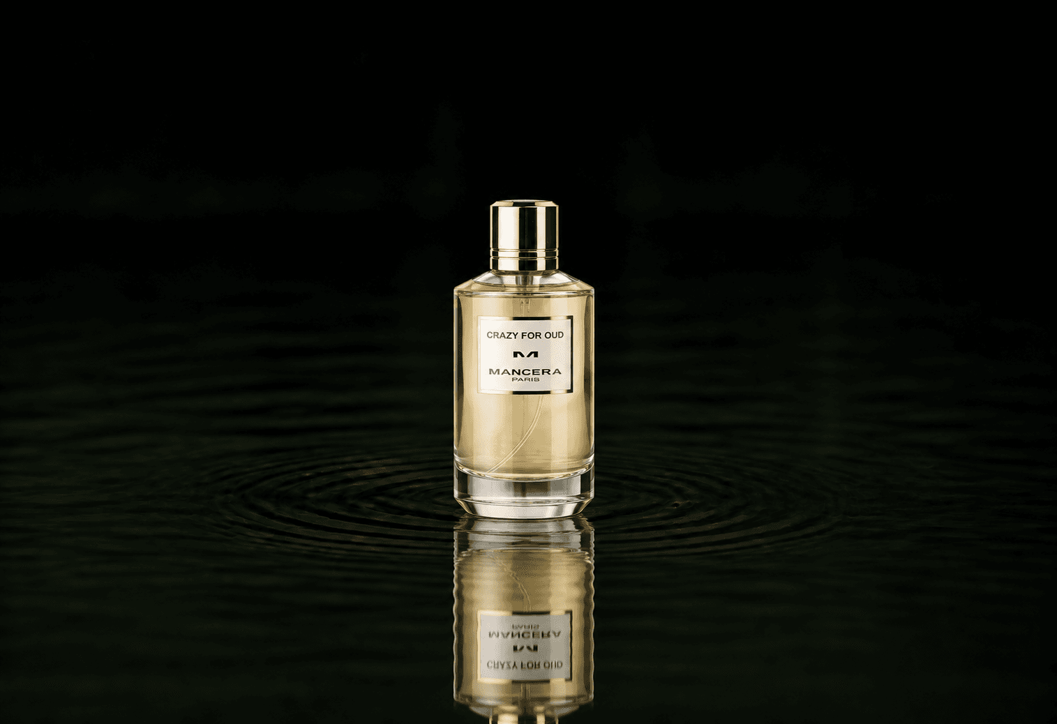 Mancera Crazy for Oud fragrance bottle floating above dark water