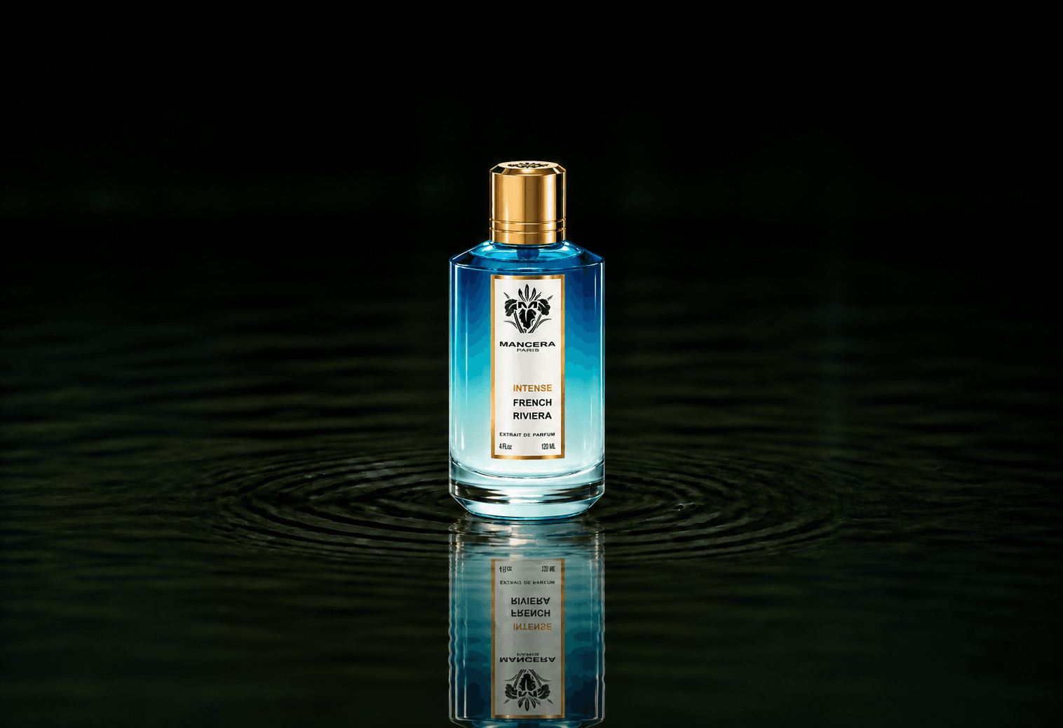 Mancera Intense French Riviera fragrance bottle floating above dark water