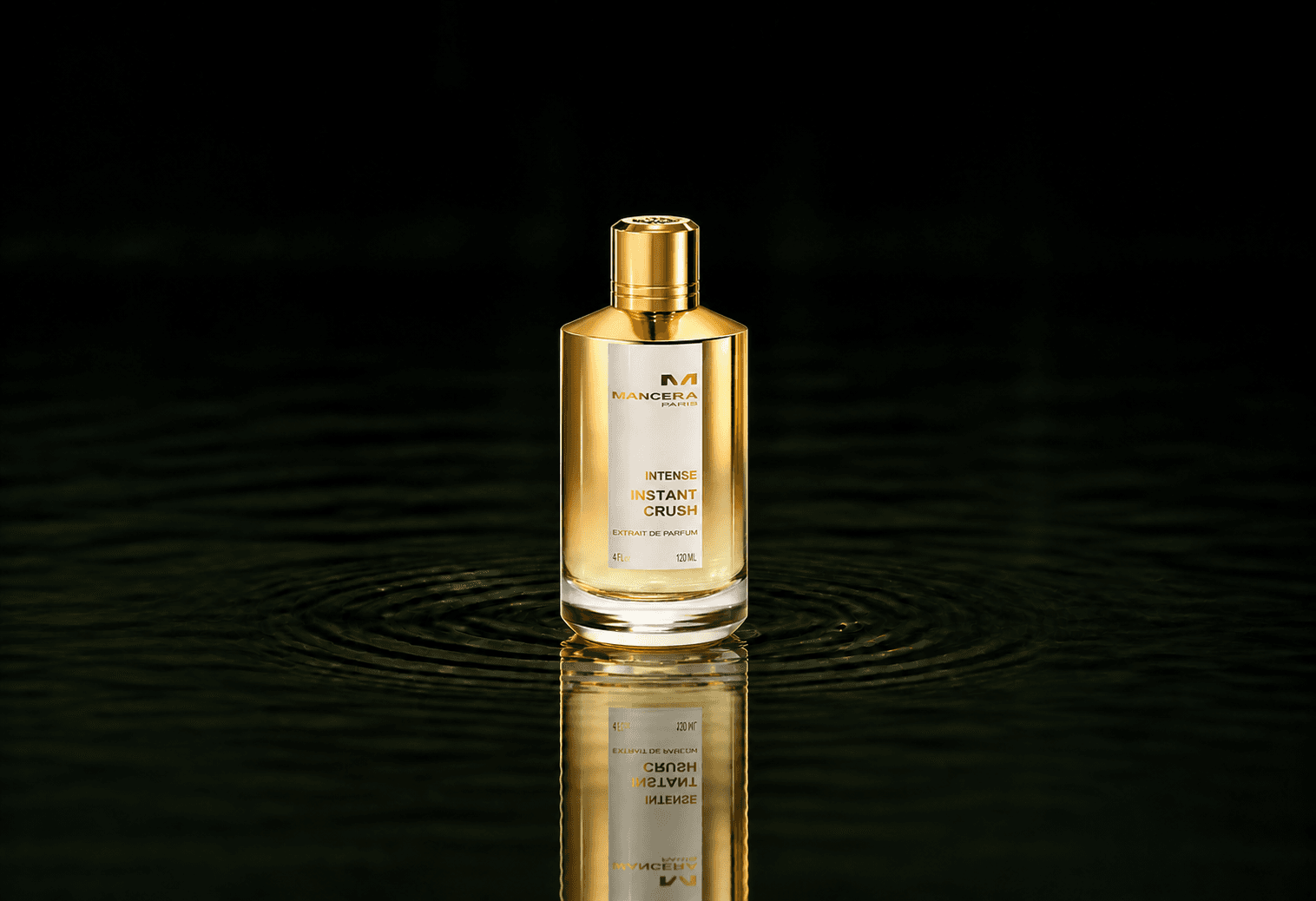 Mancera Intense Instant Crush fragrance bottle floating above dark water