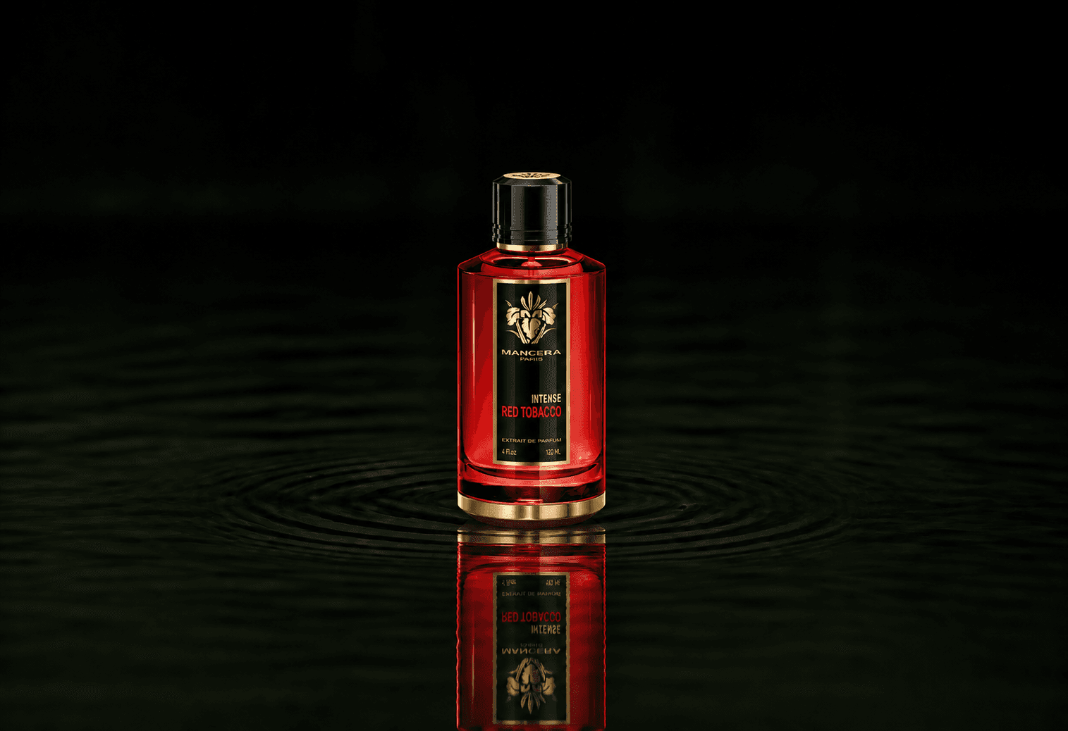 Mancera Intense Red Tobacco fragrance bottle floating above dark water