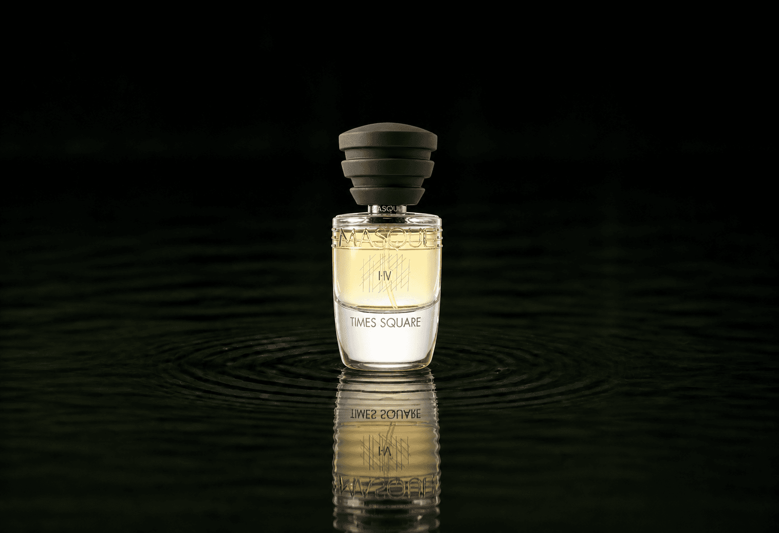 Masque Fragranze Masque Milano - Times Square fragrance bottle floating above dark water