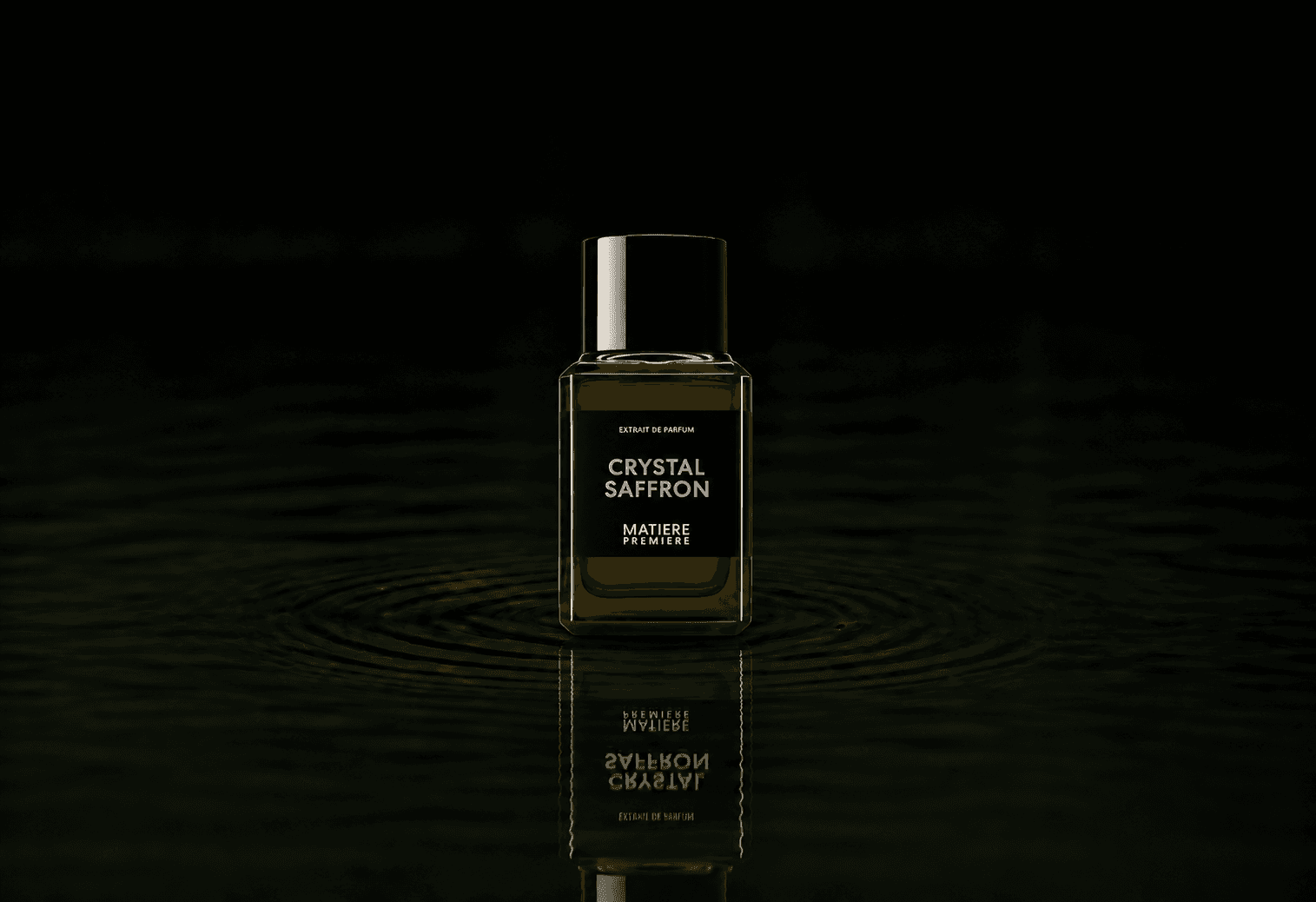 Matiere Premiere Crystal Saffron Extrait fragrance bottle floating above dark water