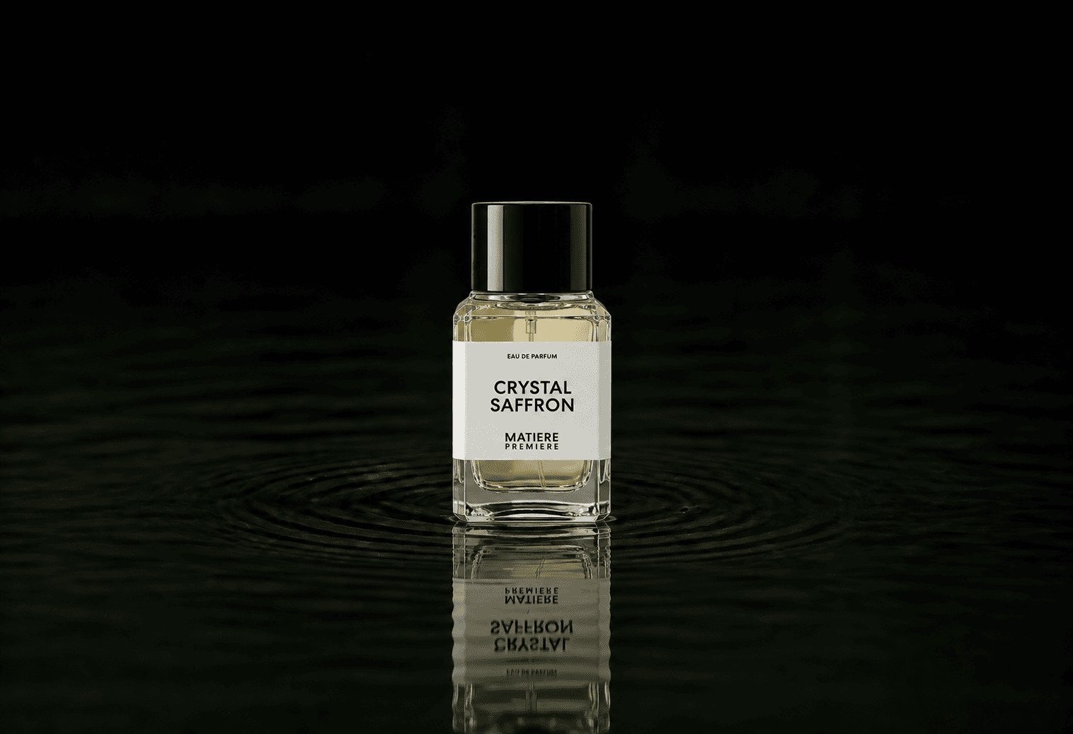 Matiere Premiere Crystal Saffron fragrance bottle floating above dark water