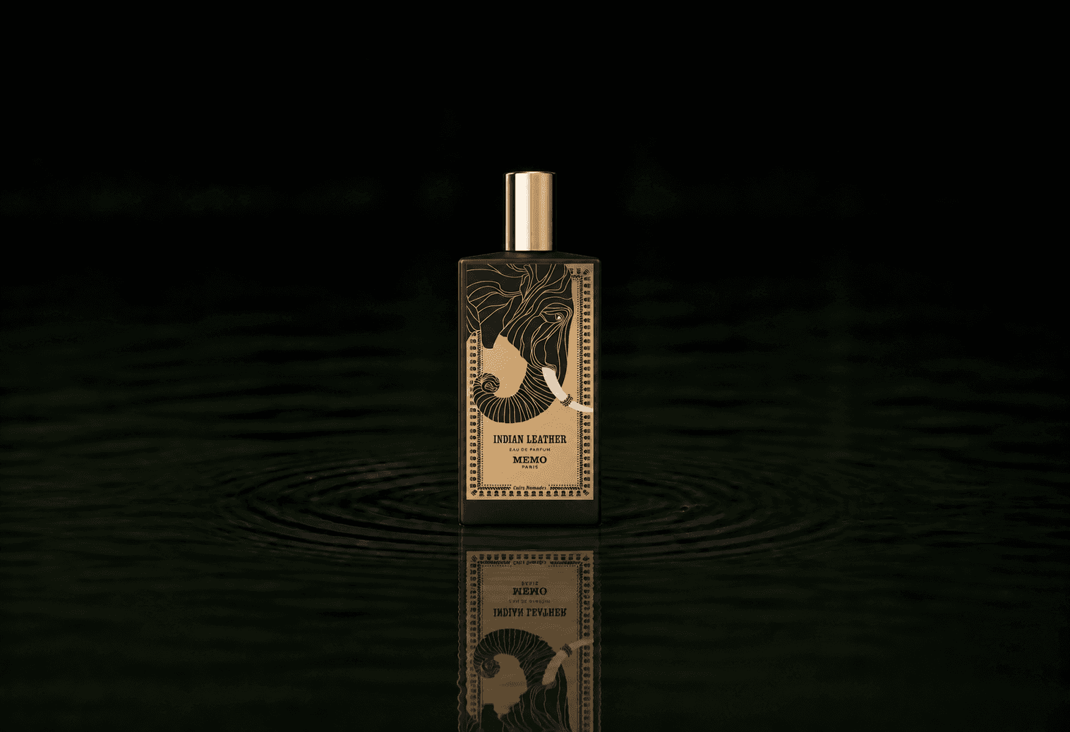 Memo Paris Indian Leather fragrance bottle floating above dark water