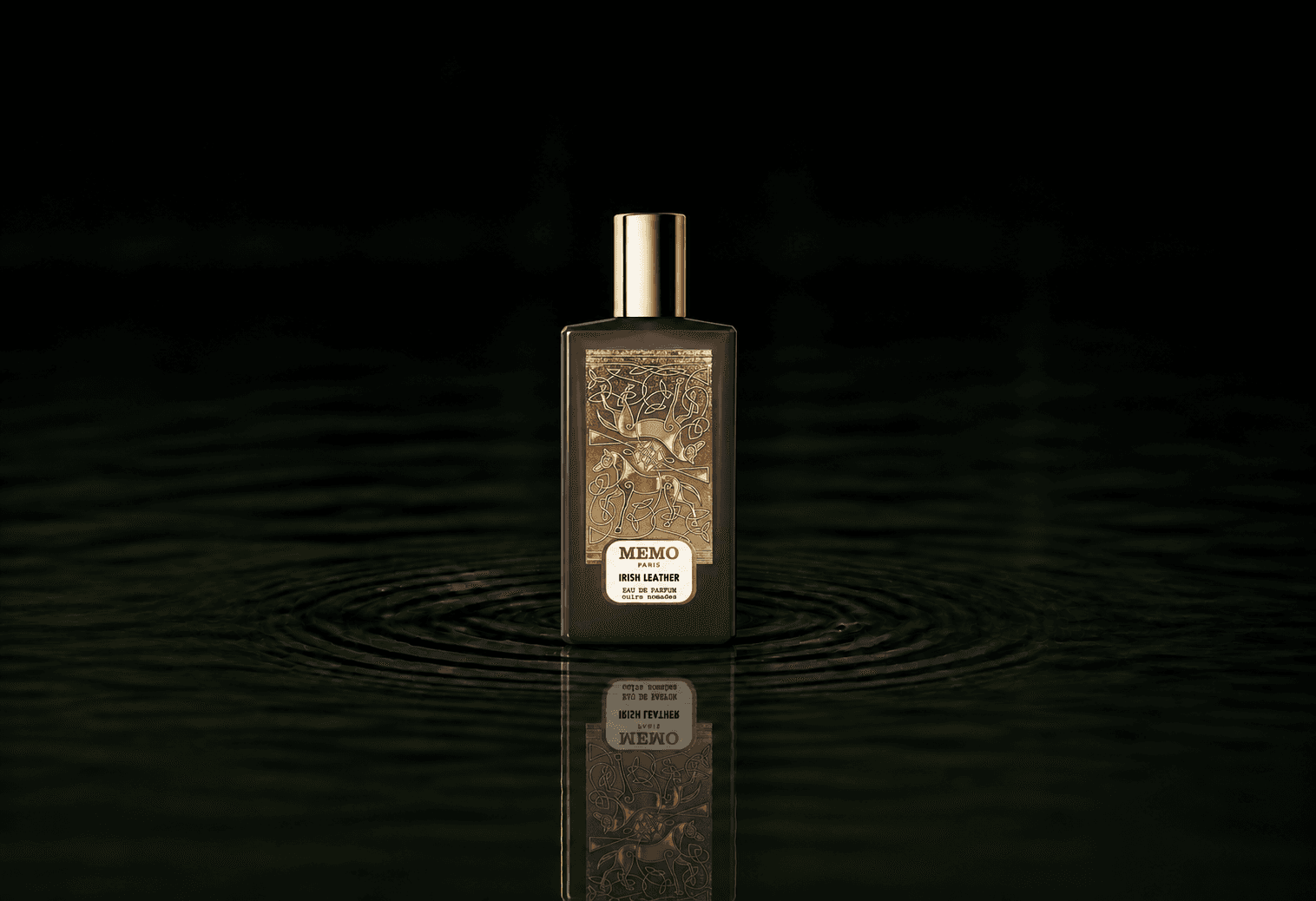 Memo Paris Irish Leather fragrance bottle floating above dark water