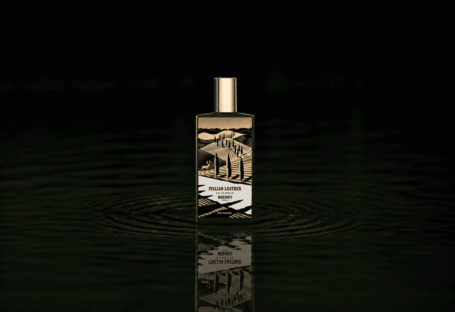Memo Paris Italian Leather fragrance bottle floating above dark water