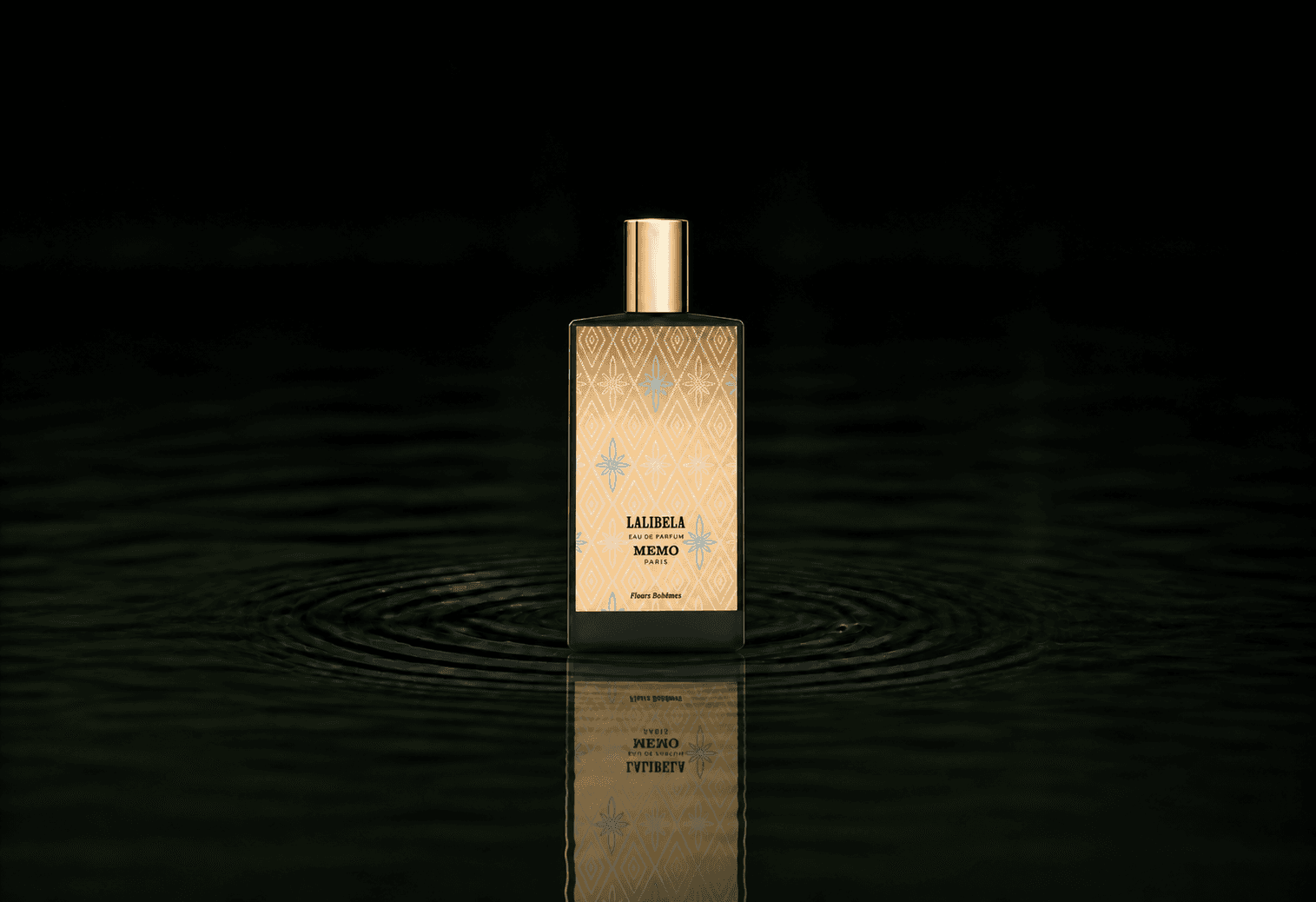 Memo Paris Lalibela fragrance bottle floating above dark water