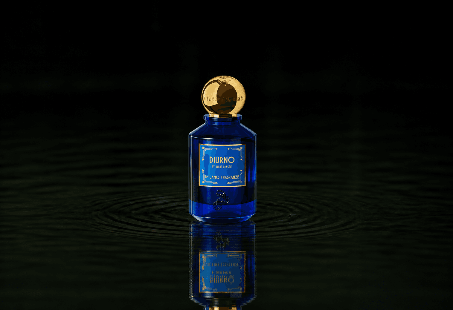 Milano Fragranze Diurno fragrance bottle floating above dark water