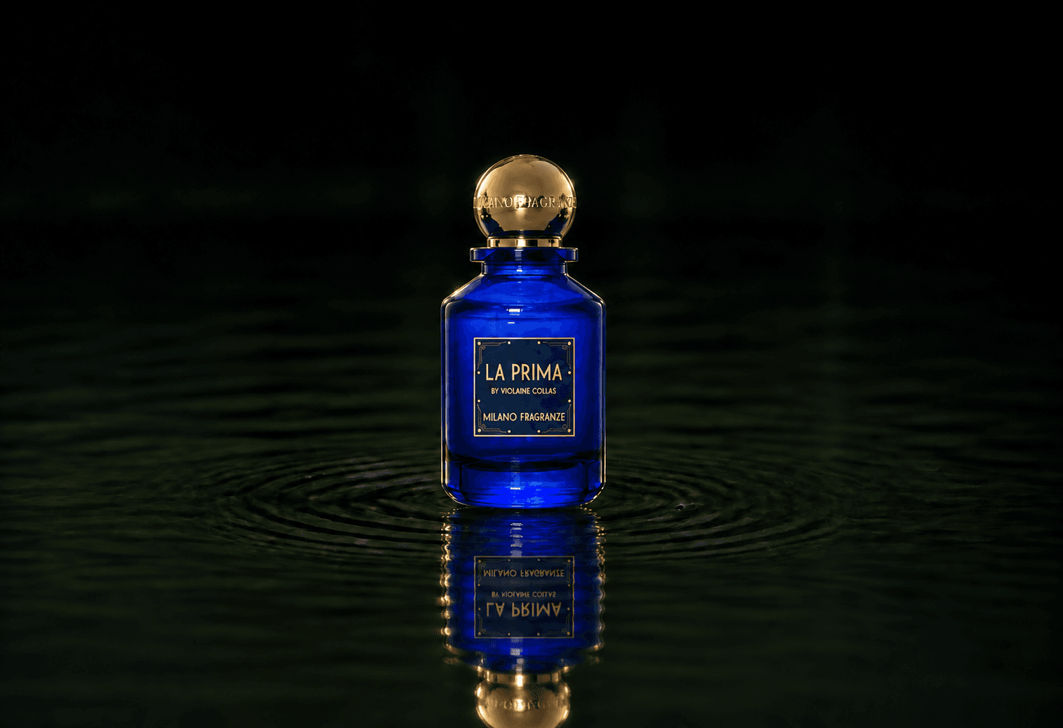 Milano Fragranze La Prima fragrance bottle floating above dark water