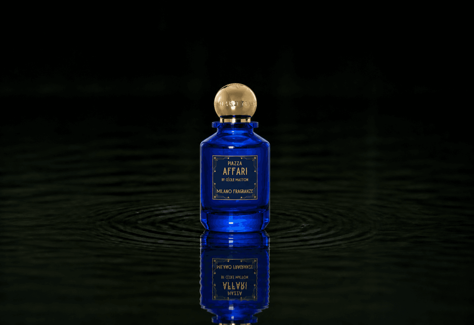 Milano Fragranze Piazza Affari fragrance bottle floating above dark water
