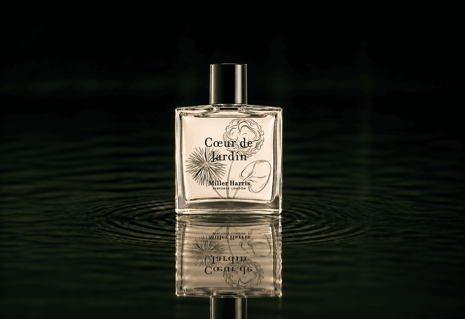 Miller Harris Coeur De Jardin fragrance bottle floating above dark water