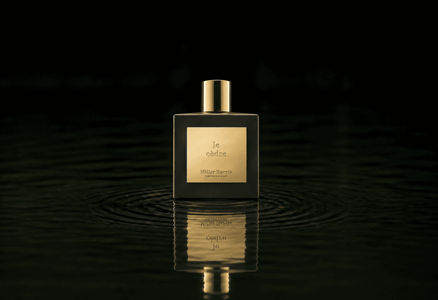 Miller Harris Le Cedre fragrance bottle floating above dark water