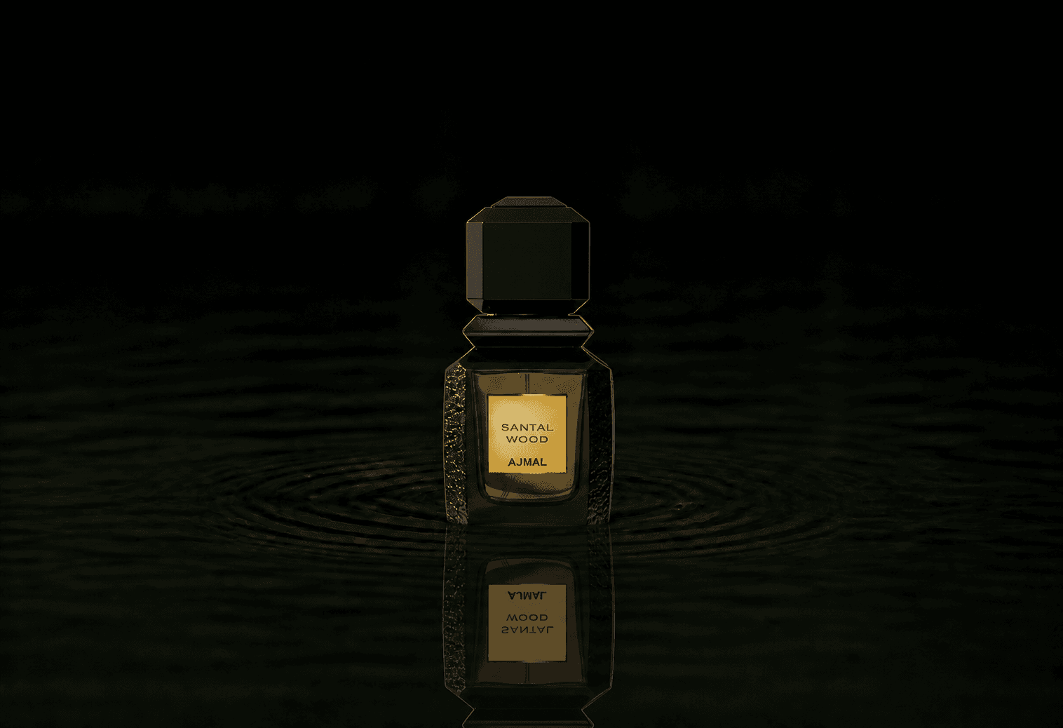 AJMAL Amber - Santal Wood fragrance bottle floating above dark water
