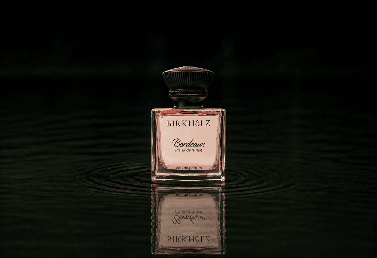 Birkholz Bordeaux Plaisir De La Nuit fragrance bottle floating above dark water
