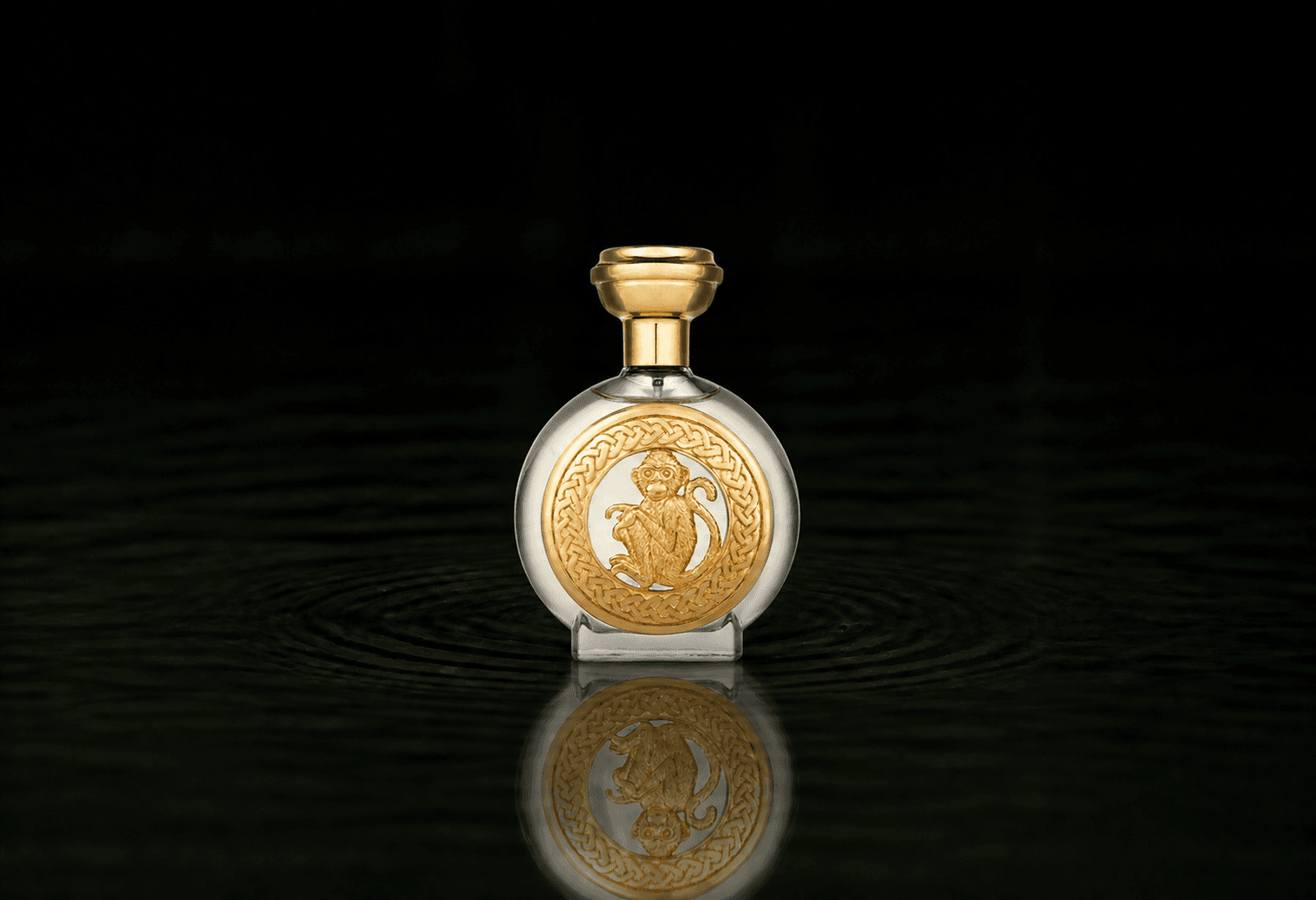 Boadicea The Victorious Hanuman fragrance bottle floating above dark water
