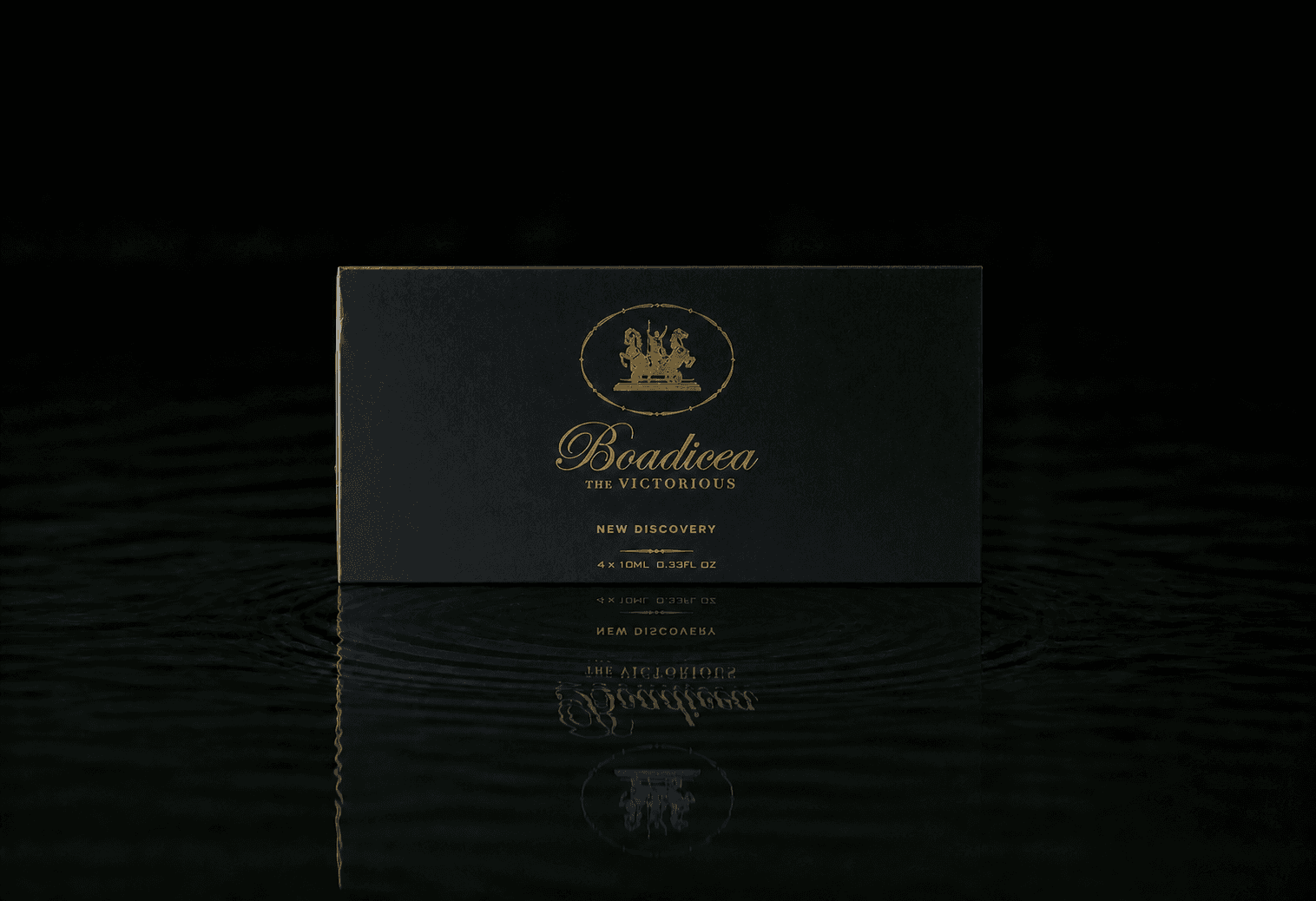 Boadicea The Victorious New Discovery Gift Set fragrance bottle floating above dark water