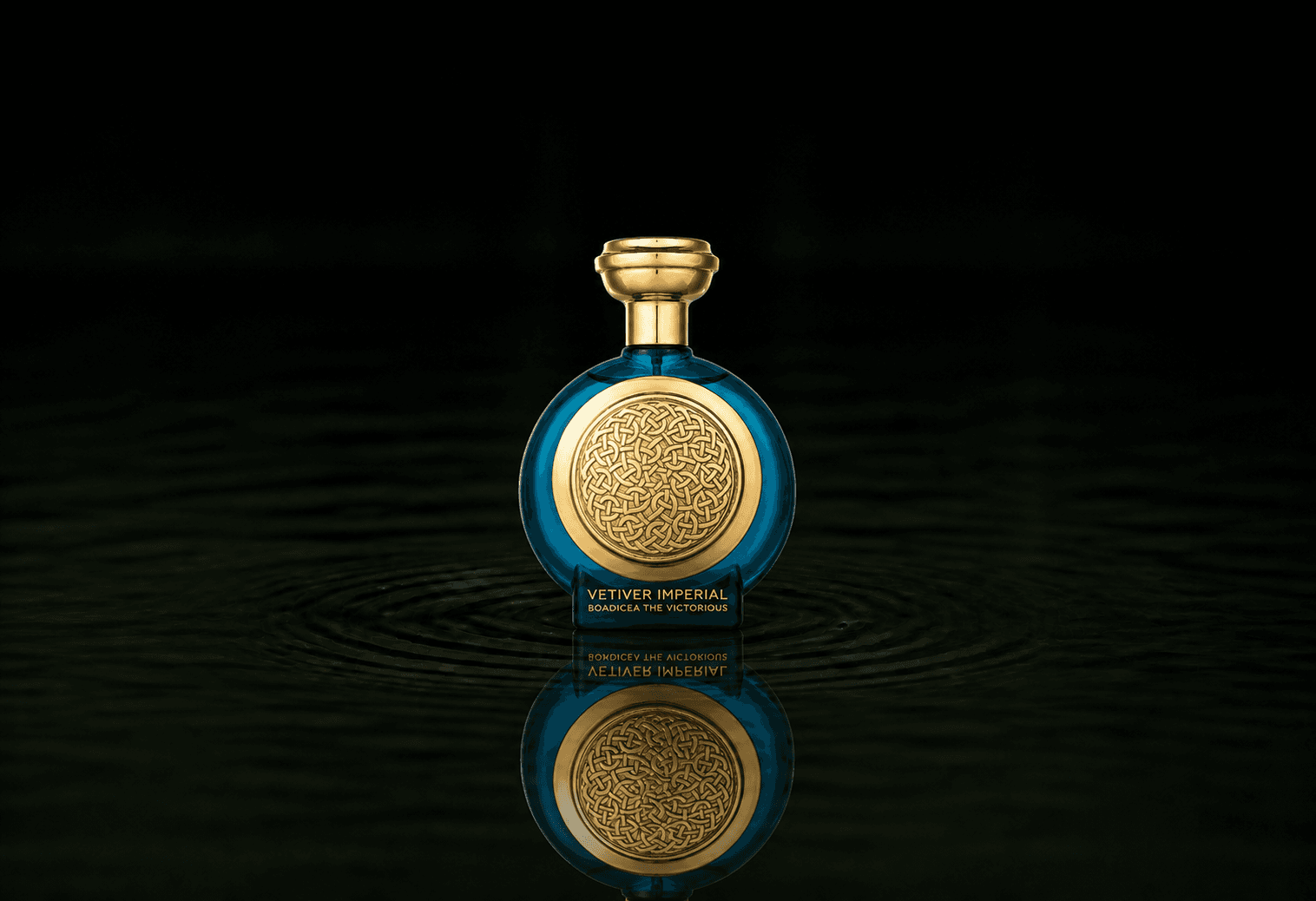 Boadicea The Victorious Vetiver Imperial fragrance bottle floating above dark water