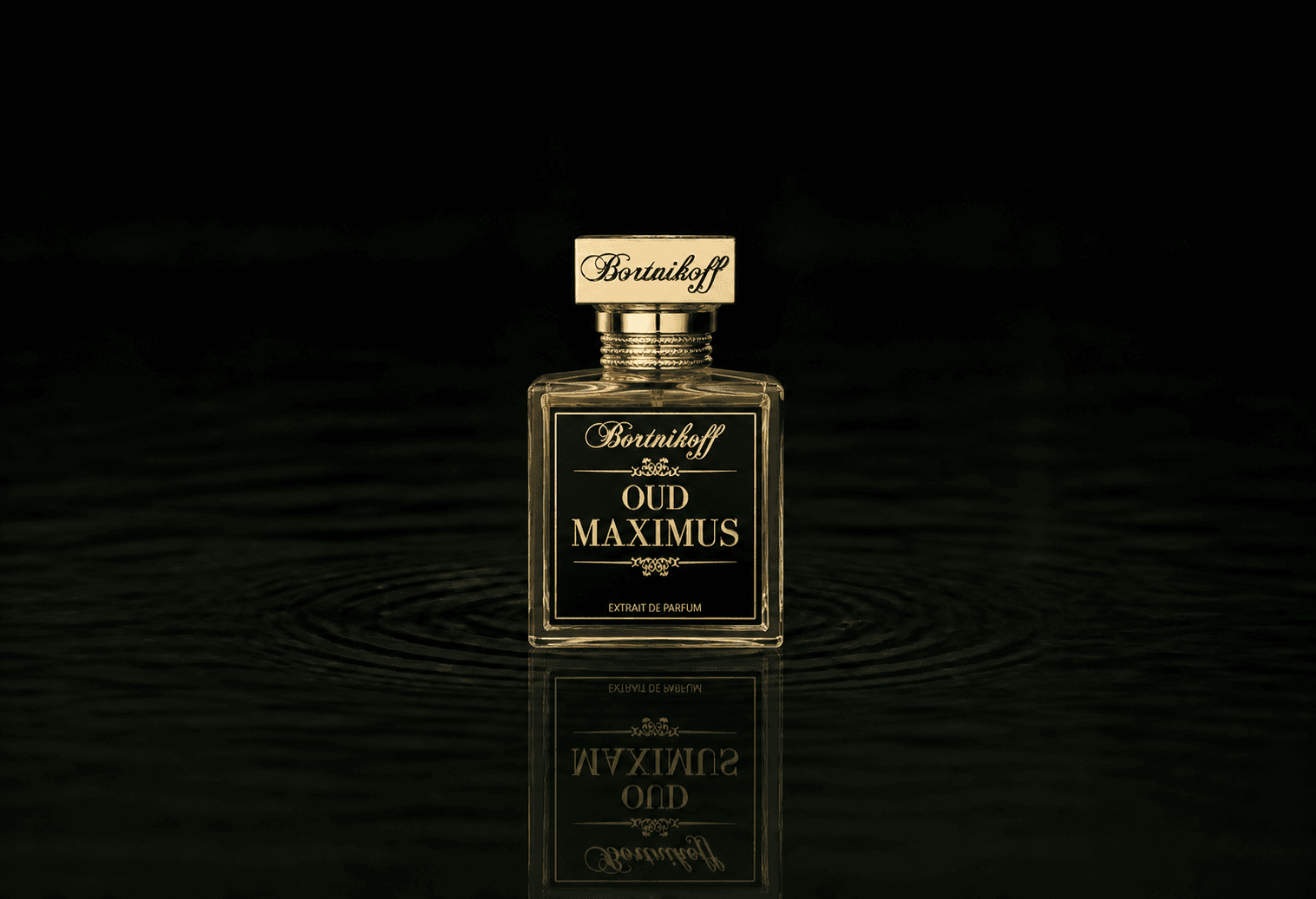 Bortnikoff Oud Maximus fragrance bottle floating above dark water
