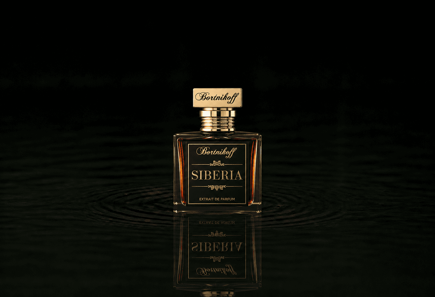 Bortnikoff Siberia fragrance bottle floating above dark water