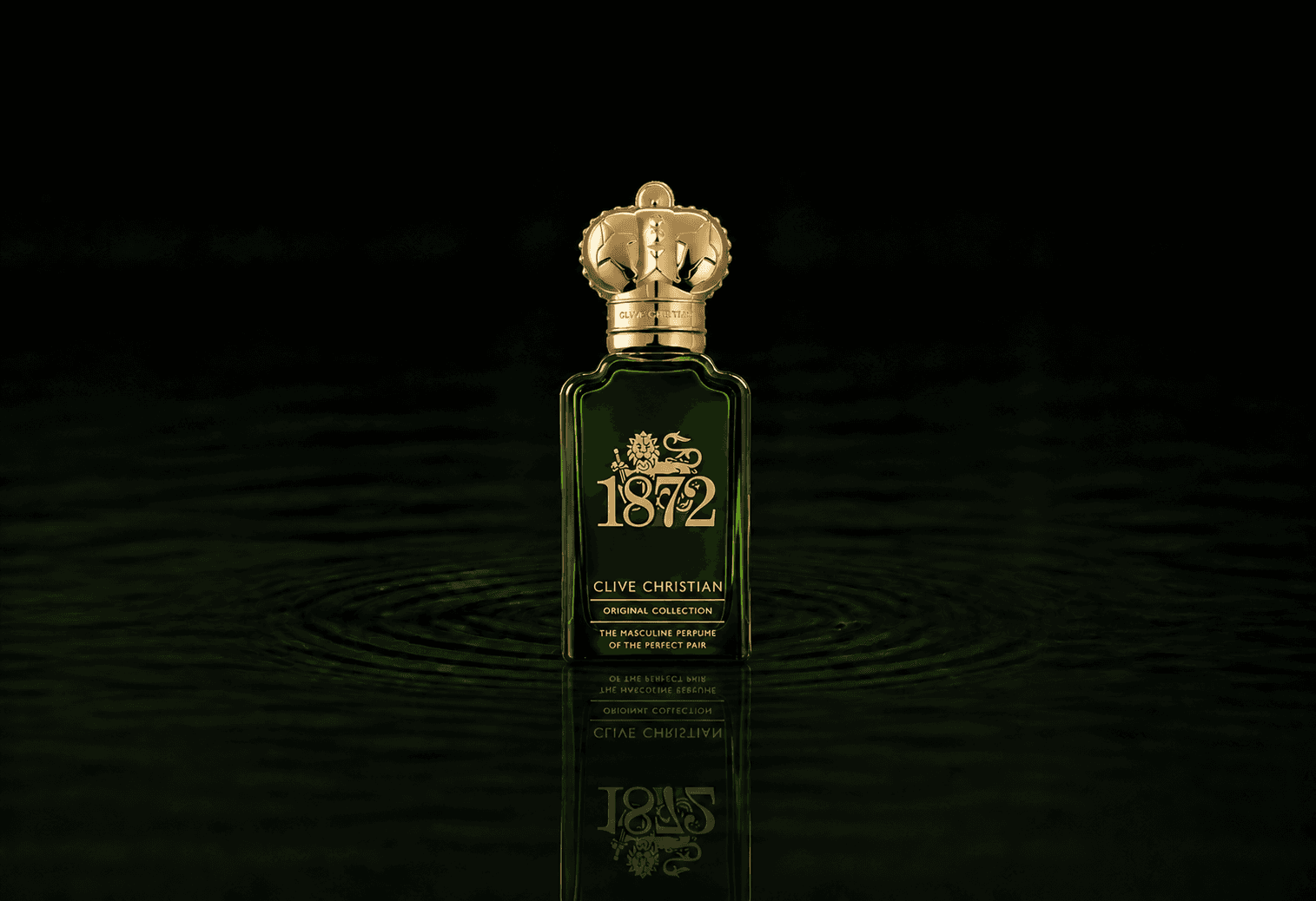 Clive Christian 1872 for Masculine fragrance bottle floating above dark water