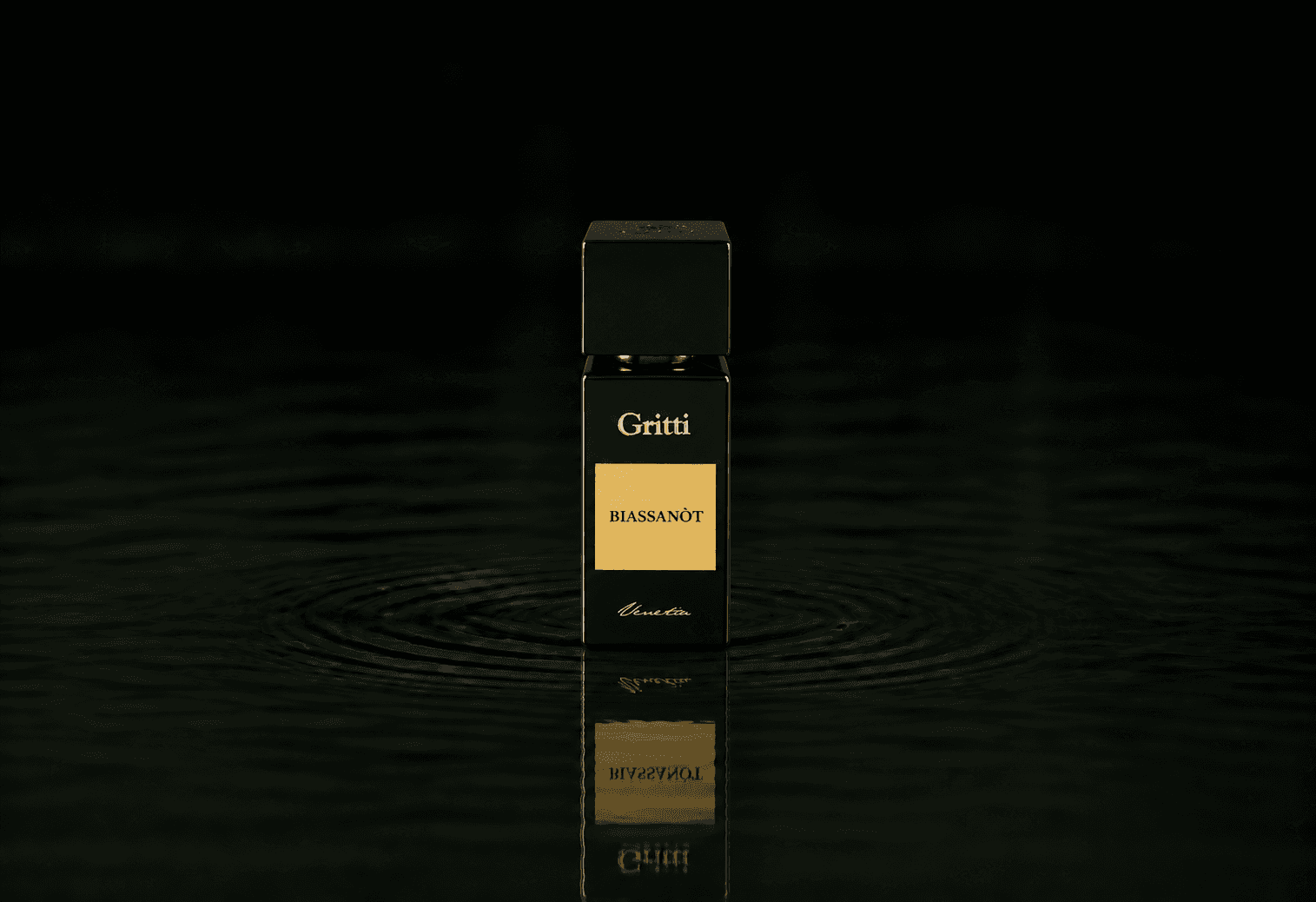 Gritti Biassanot fragrance bottle floating above dark water