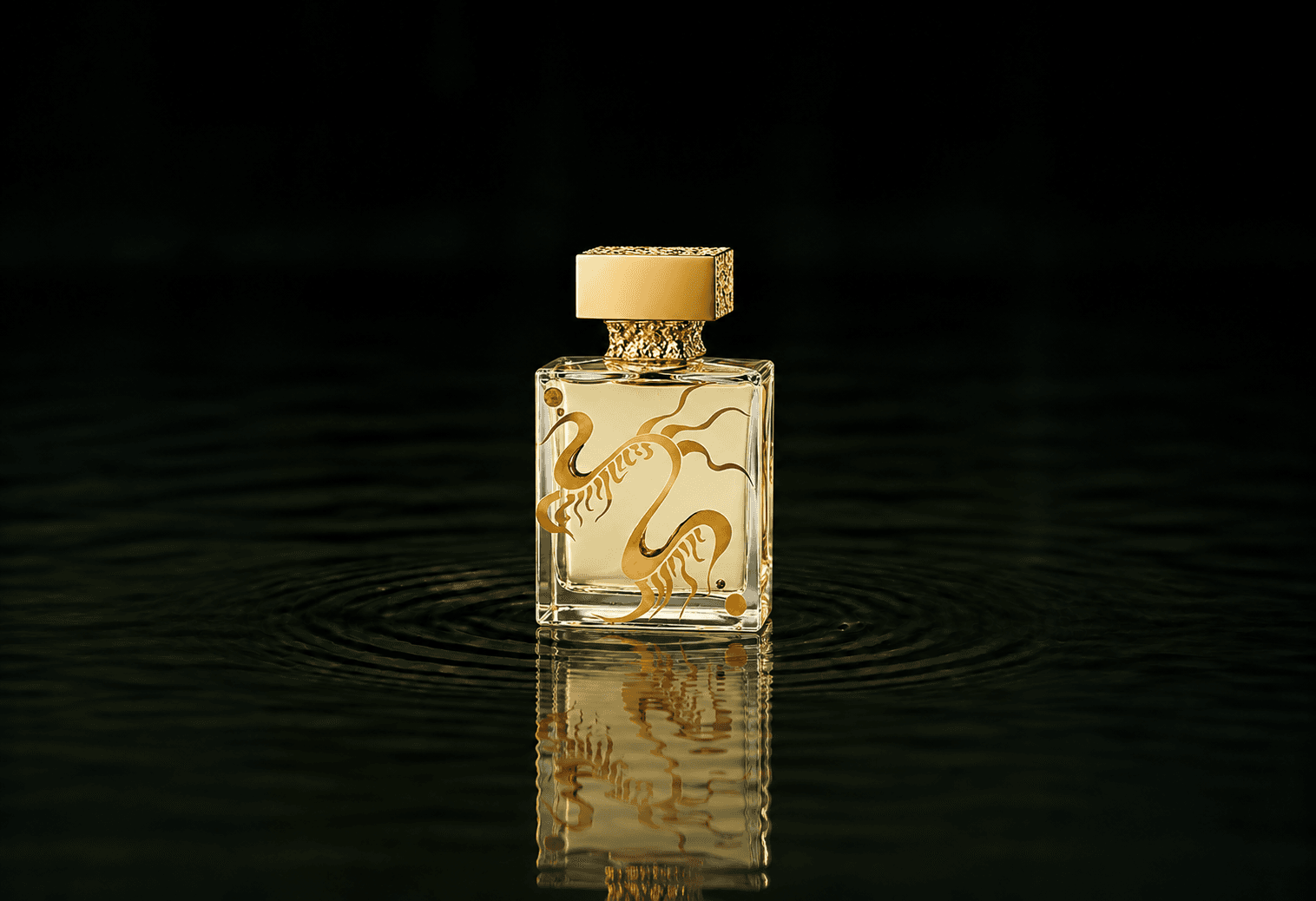 M.Micallef Marianne Venderbosch Pure Extreme fragrance bottle floating above dark water