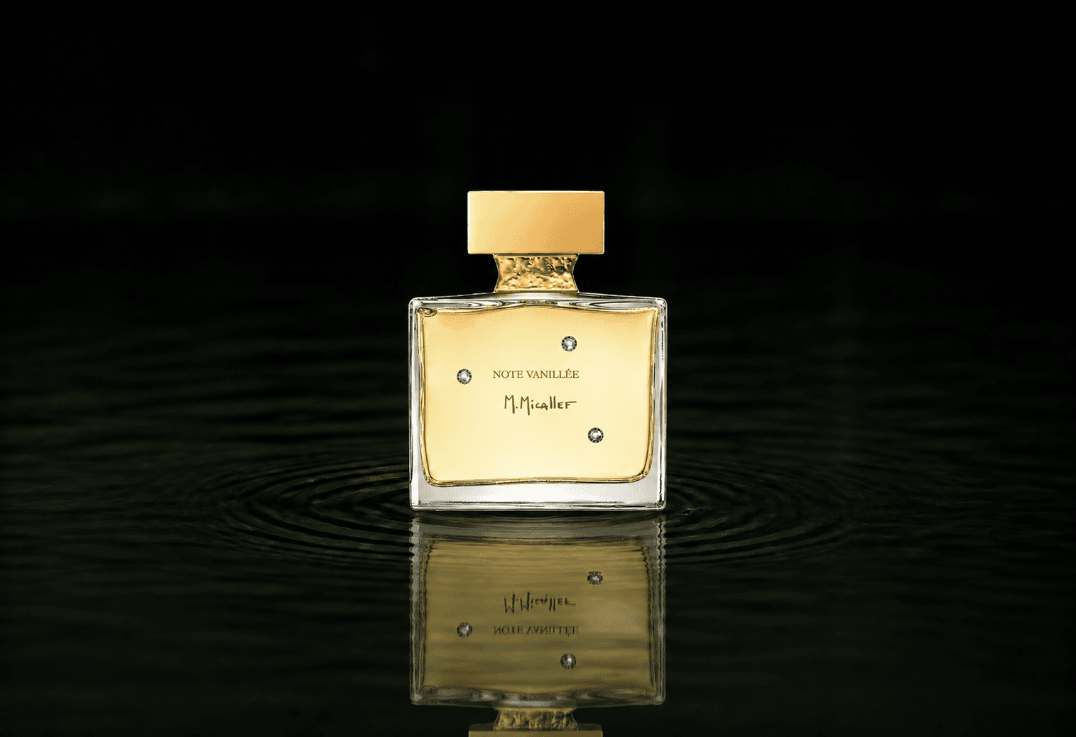M.Micallef Note Vanille fragrance bottle floating above dark water
